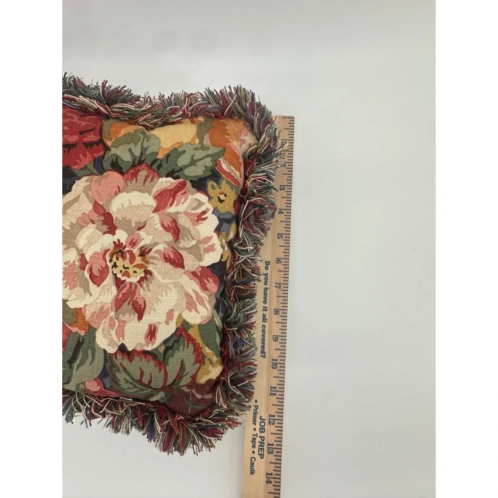 Vintage Floral Tapestry Throw Pillow Peony Garden Cottagecore Fringe 11x11